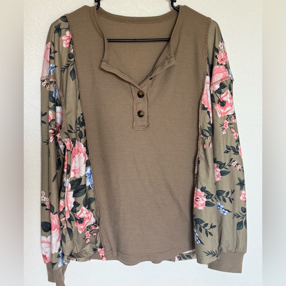 SHEIN Brown Floral Button-Up Top